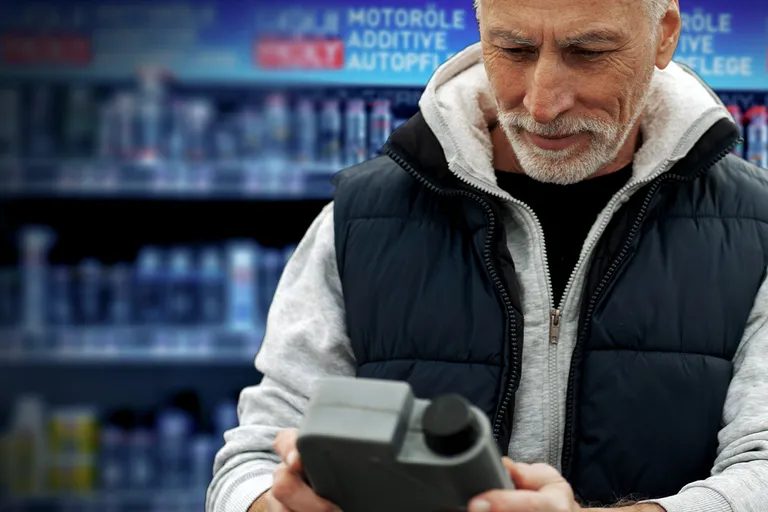 Älterer Mann mit grauem Bart betrachtet eine Ölflasche in einem Fachgeschäft vor einem Regal mit Autopflegeprodukten.
